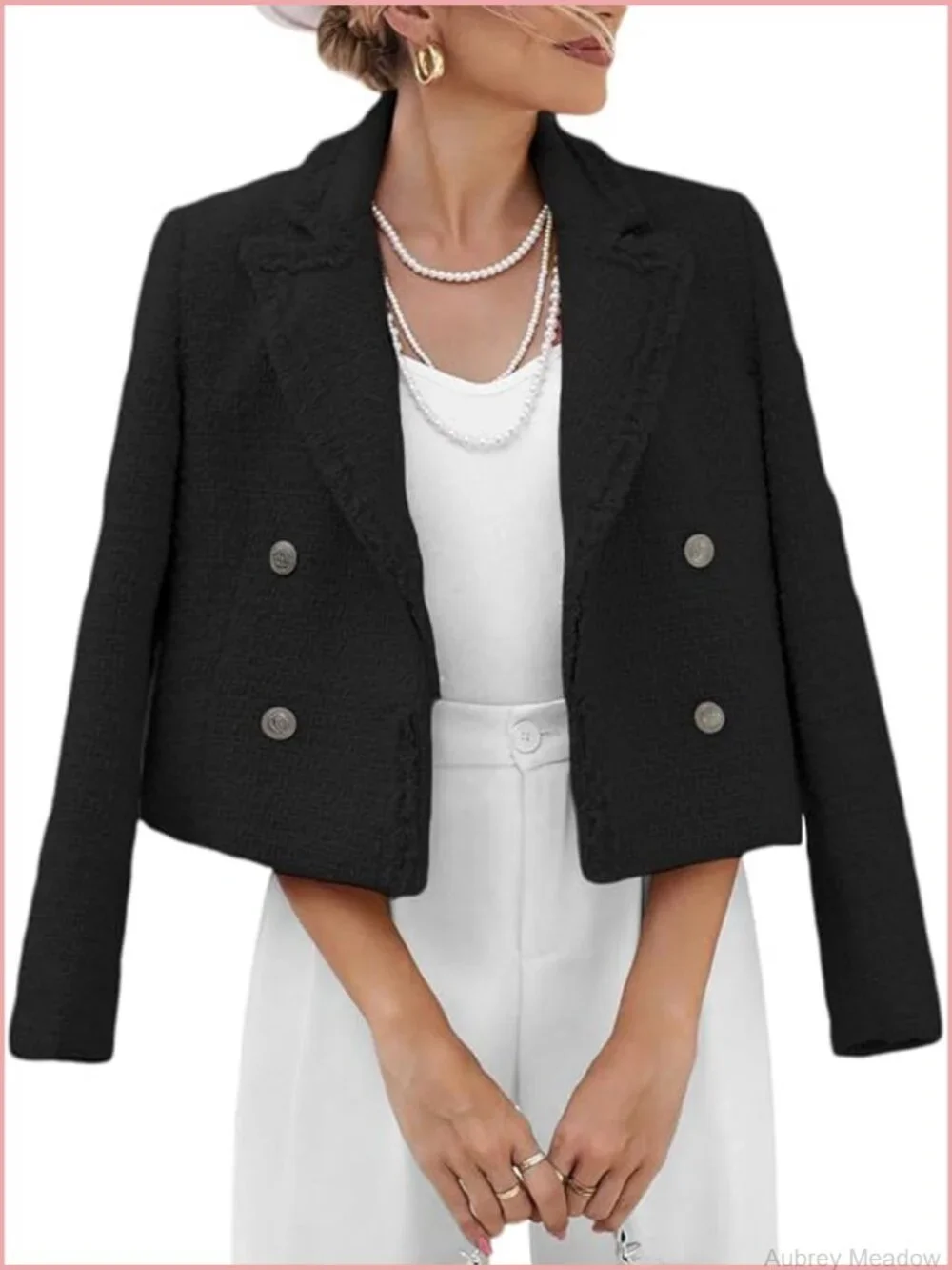 Women's Tweed Blazer Jacket - Elegant Cropped Fully Lined Coat with Pockets